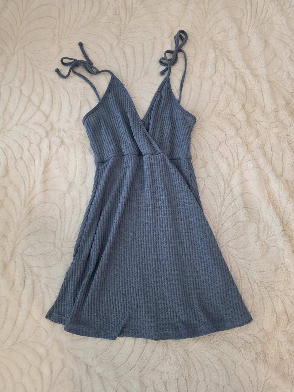 Tie-Strap V-Neck Blue Waffle Knit Dress
